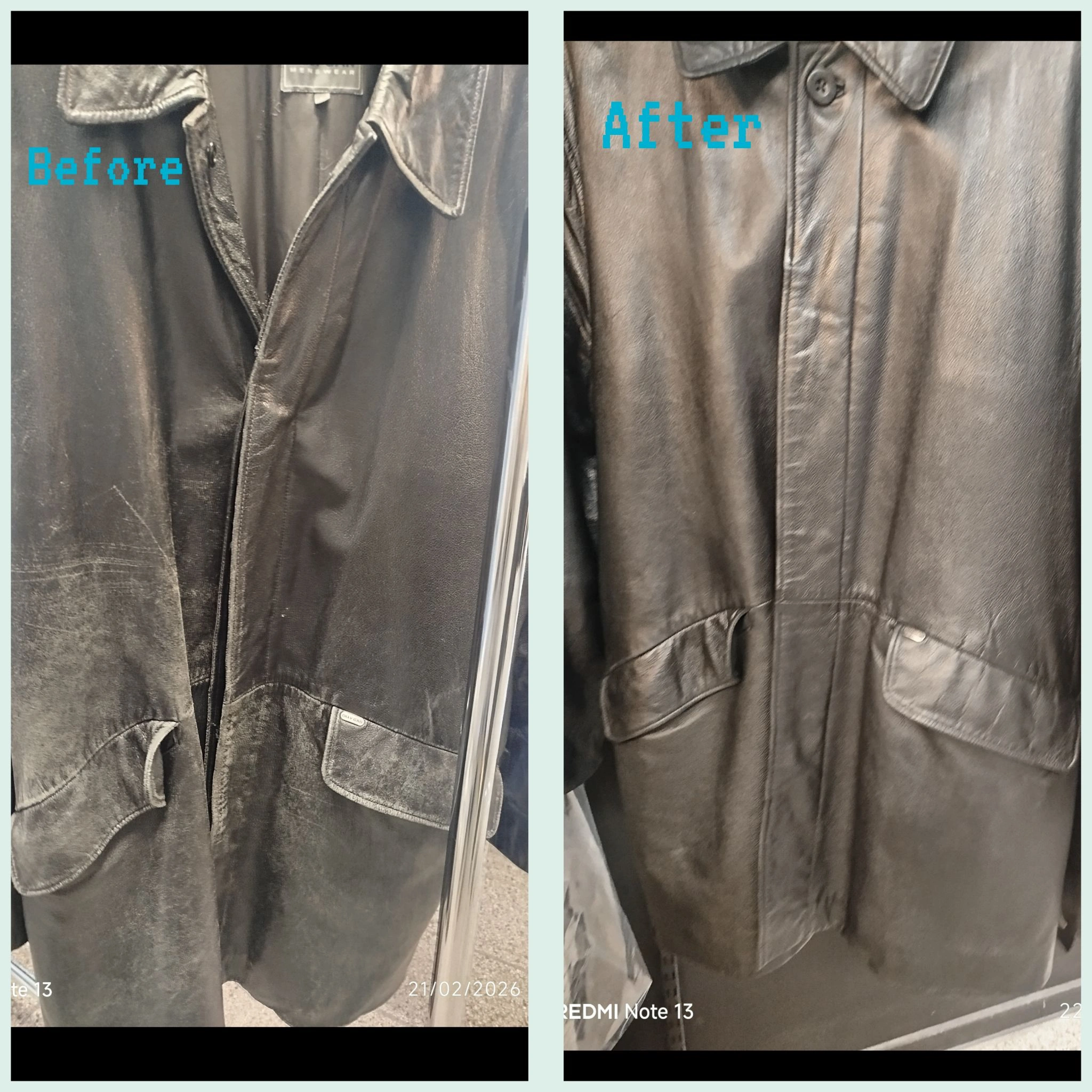 Skinnjacka före och efter rengöring hos La Bella